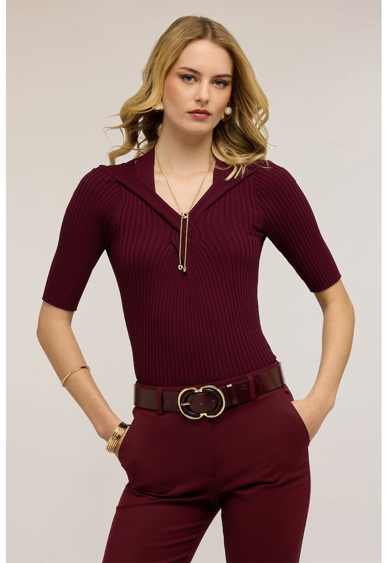 Pulover cu maneci scurte si dungi - Visiniu