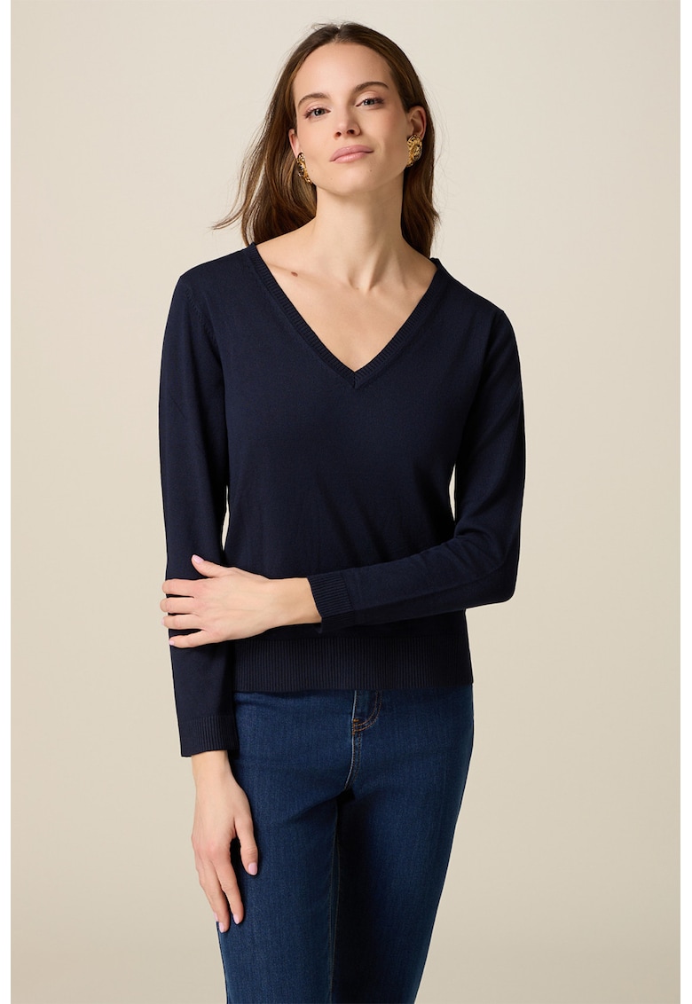 Pulover regular-fit cu decolteu in V - Bleumarin