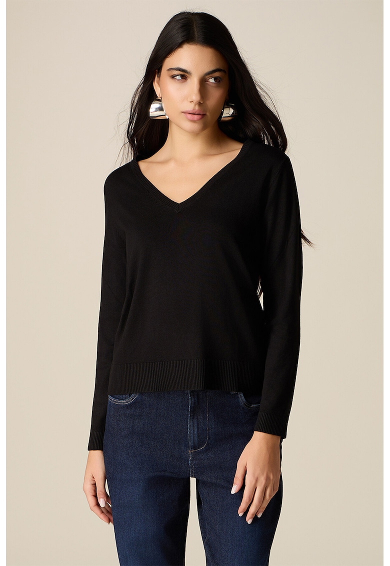 Pulover regular-fit cu decolteu in V - Negru