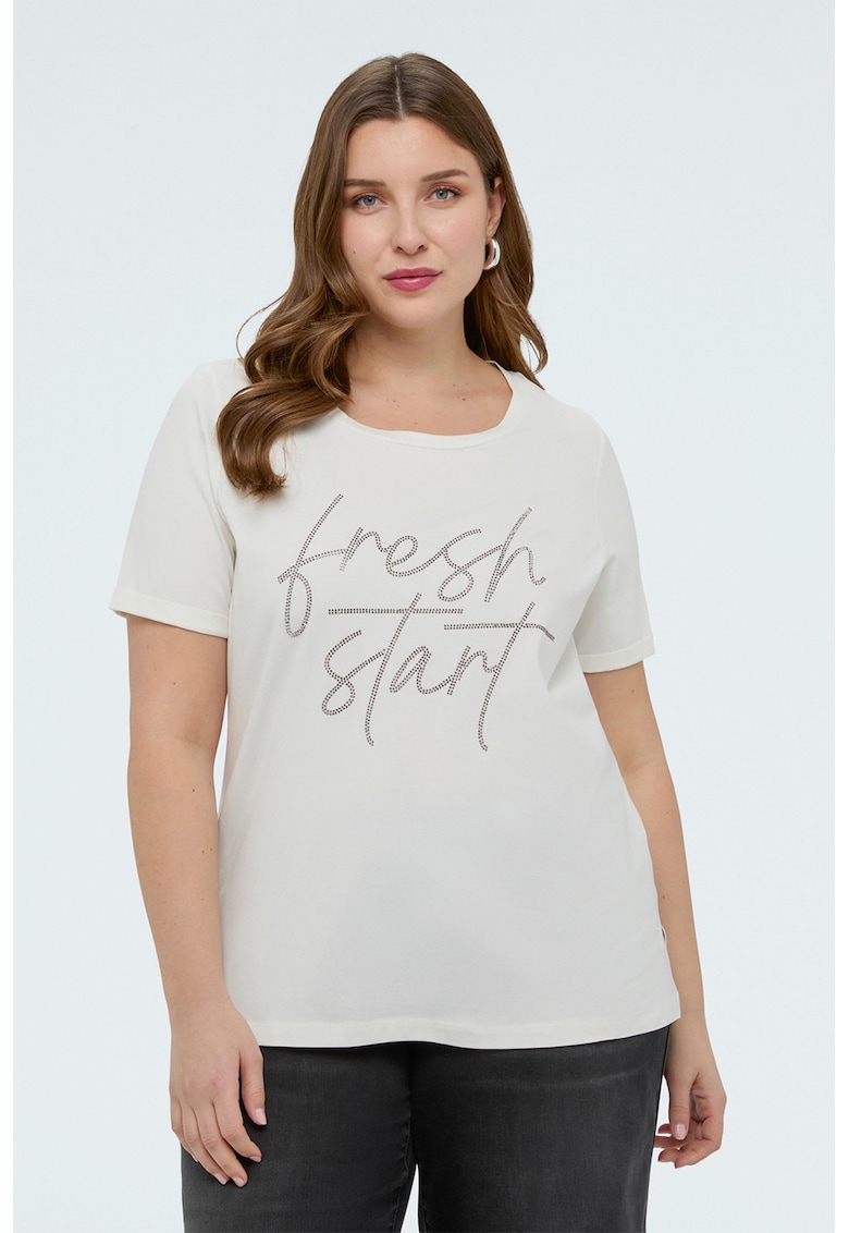 Tricou din amestec de bumbac cu decolteu la baza gatului - Alb/Argintiu