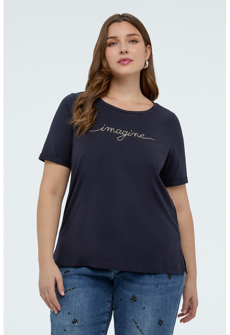 Tricou cu decolteu la baza gatului si imprimeu text - Negru