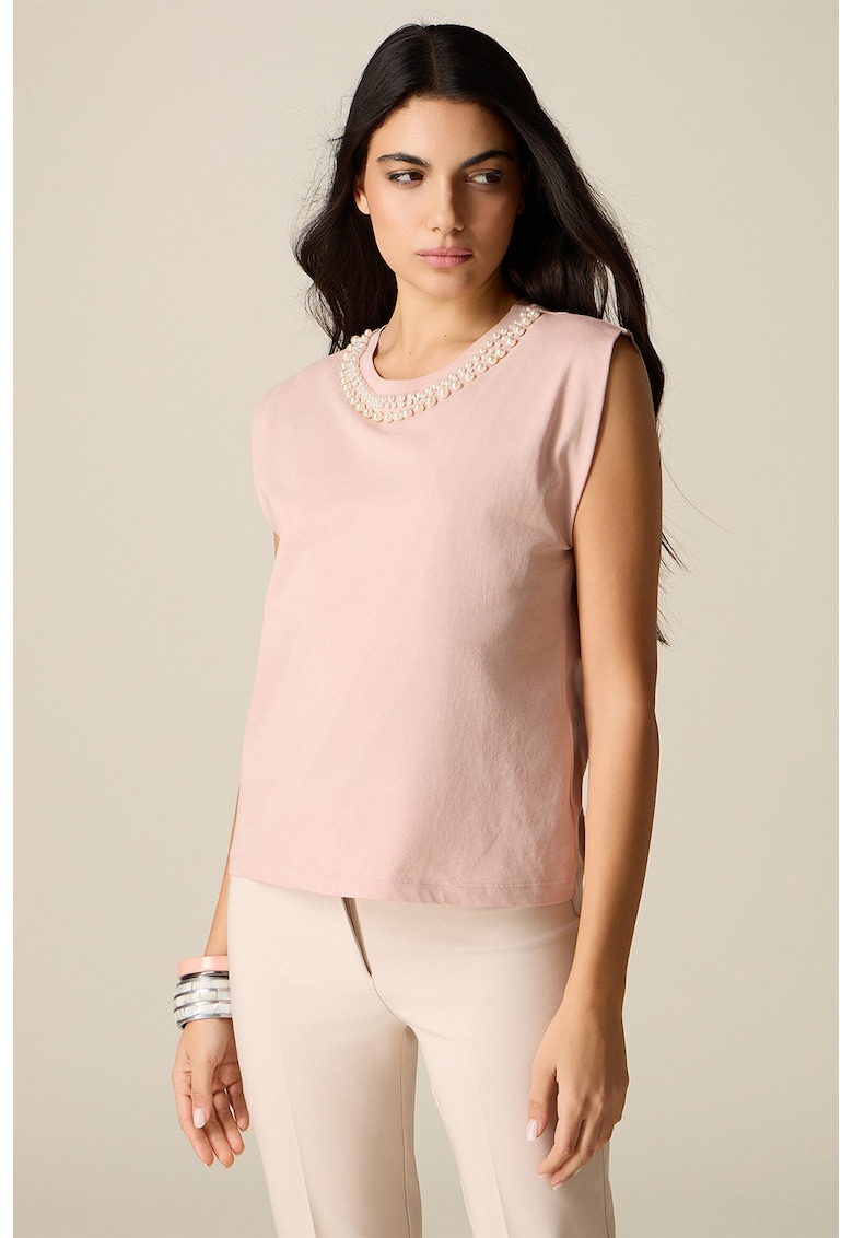 Top din bumbac cu aplicatii cu margele - Roz prafuit