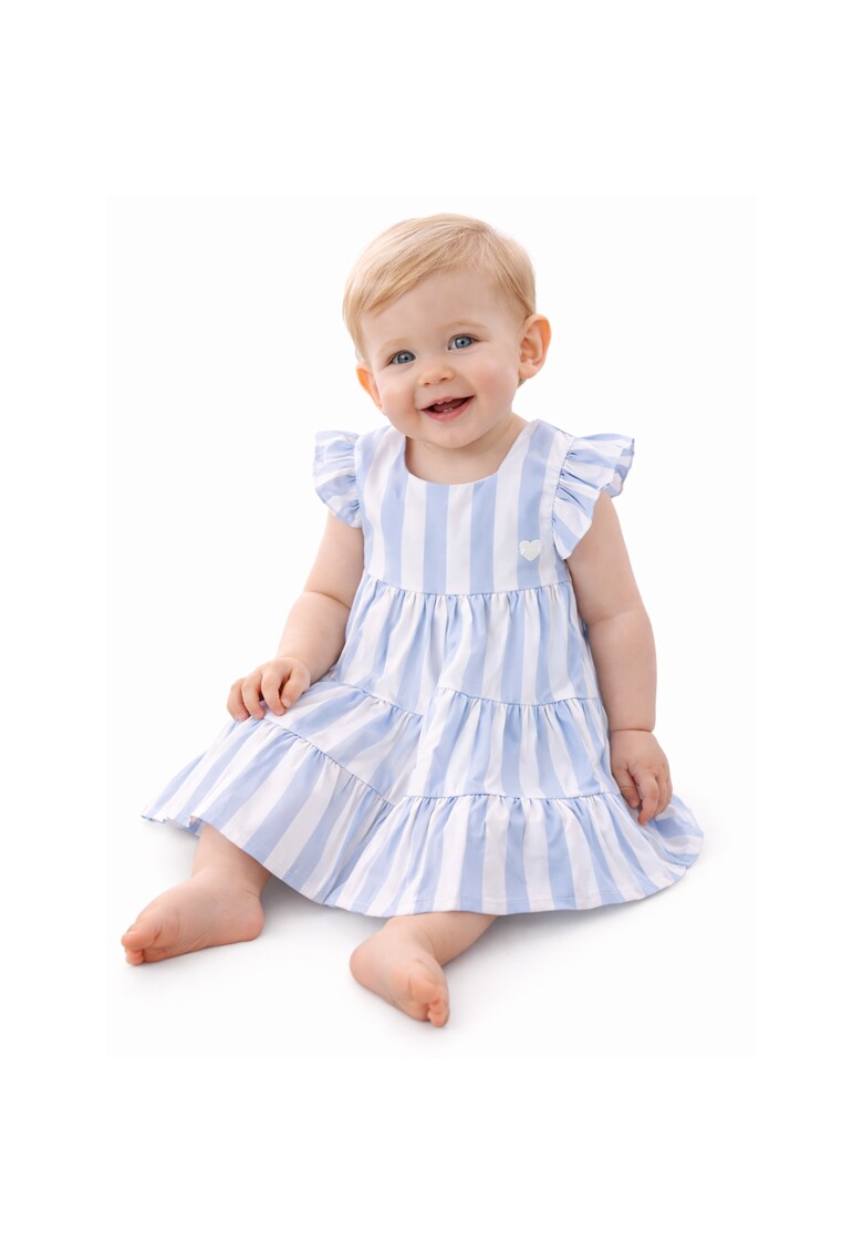 Rochie pentru bebe fetite cu dungi bleu si albe volanase si funde la spate