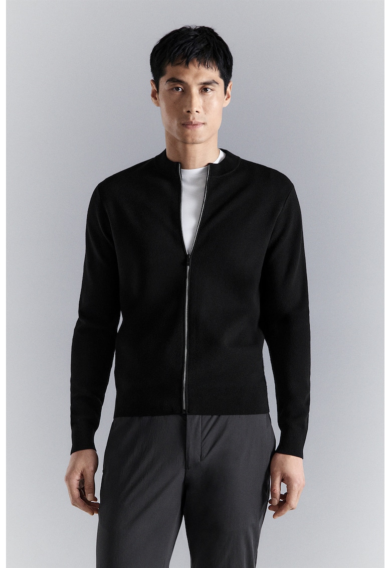 Cardigan cu fermoar si guler scurt - Negru