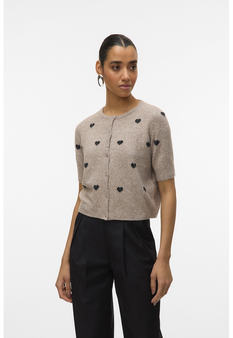 Cardigan cu nasturi si model inima - Negru/Bej