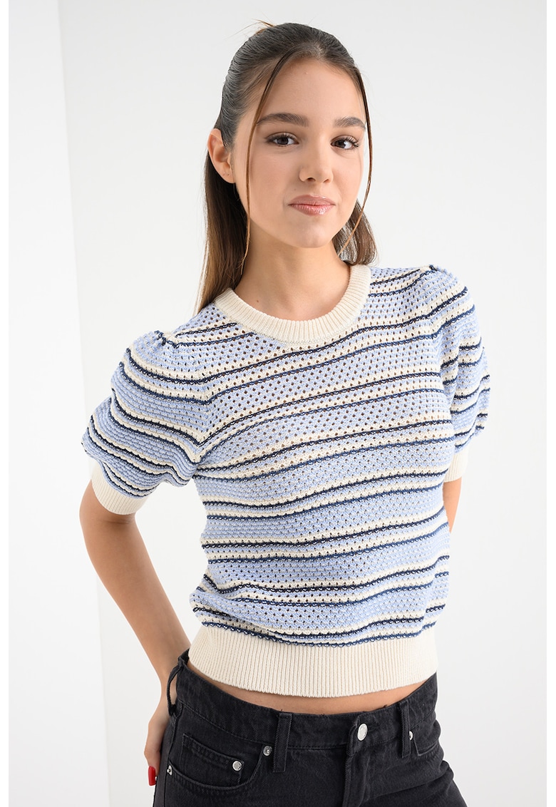 Pulover cu maneci cazute Rita - Alb fildes/Albastru lavanda/Bleumarin