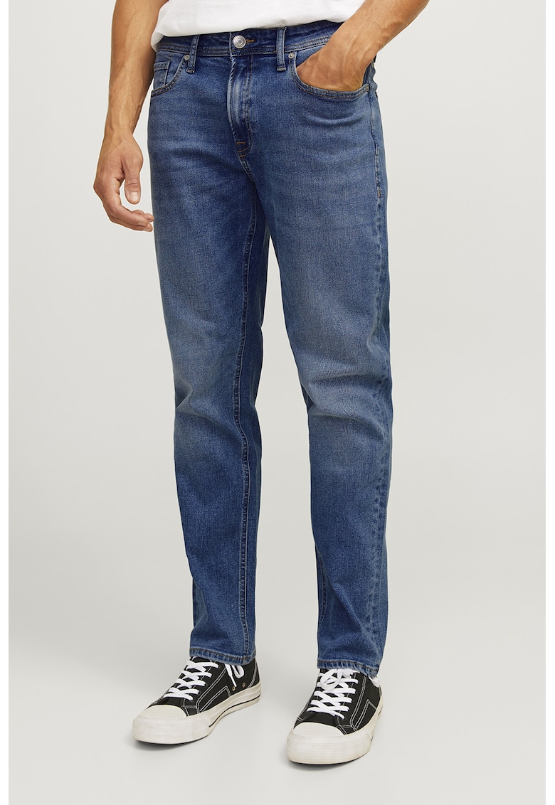 Blugi slim fit cu aspect decolorat - Albastru inchis