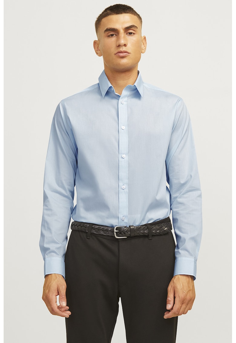 Camasa din amestec de bumbac cu guler clasic - Albastru glaciar