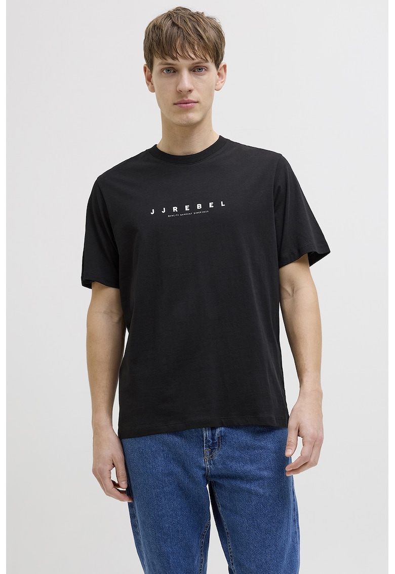 Tricou lejere din bumbac cu imprimeu logo - Negru