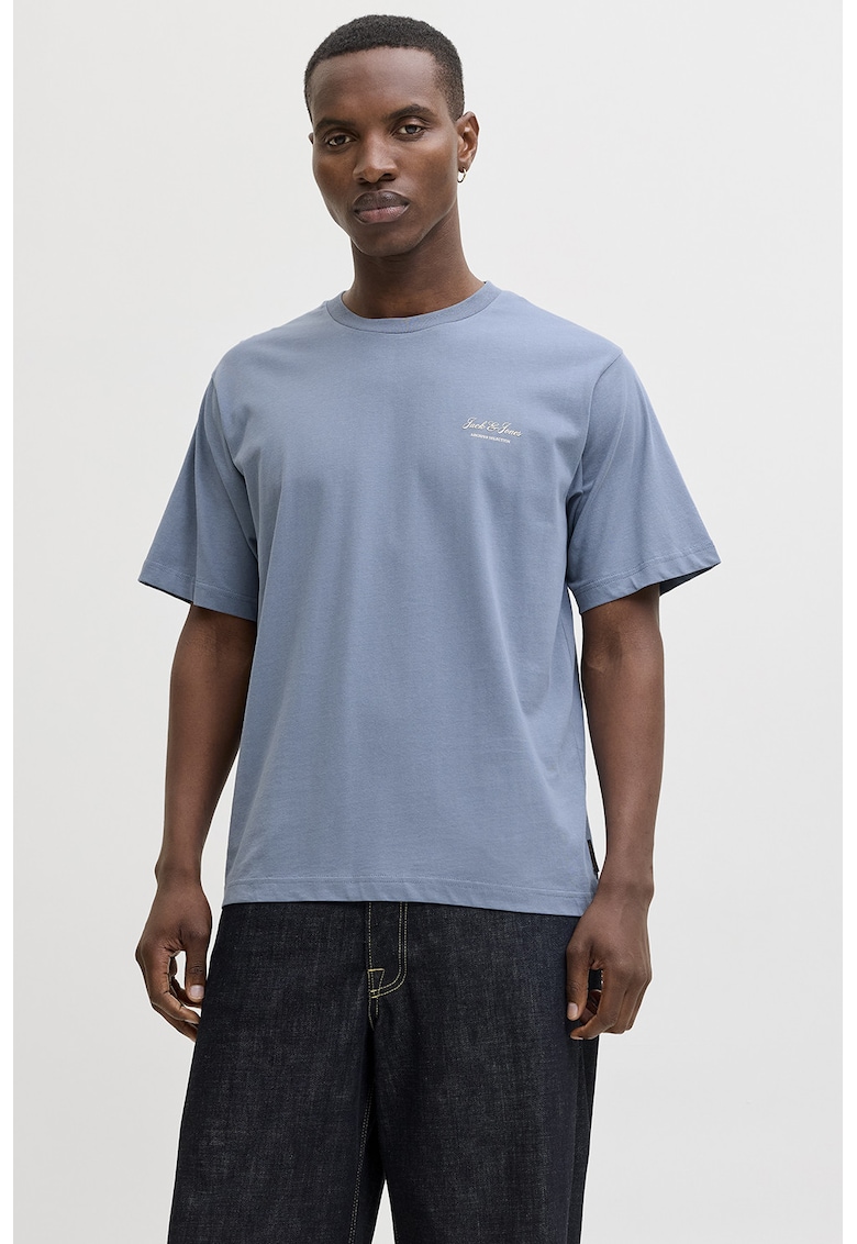 Tricou de bumbac organic cu imprimeu logo - Albastru prafuit