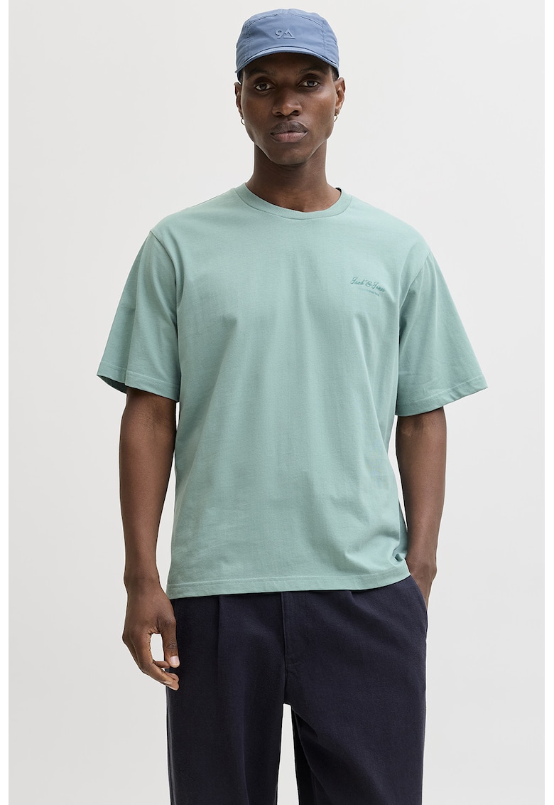 Tricou de bumbac organic cu imprimeu logo - Albastru aquamarin