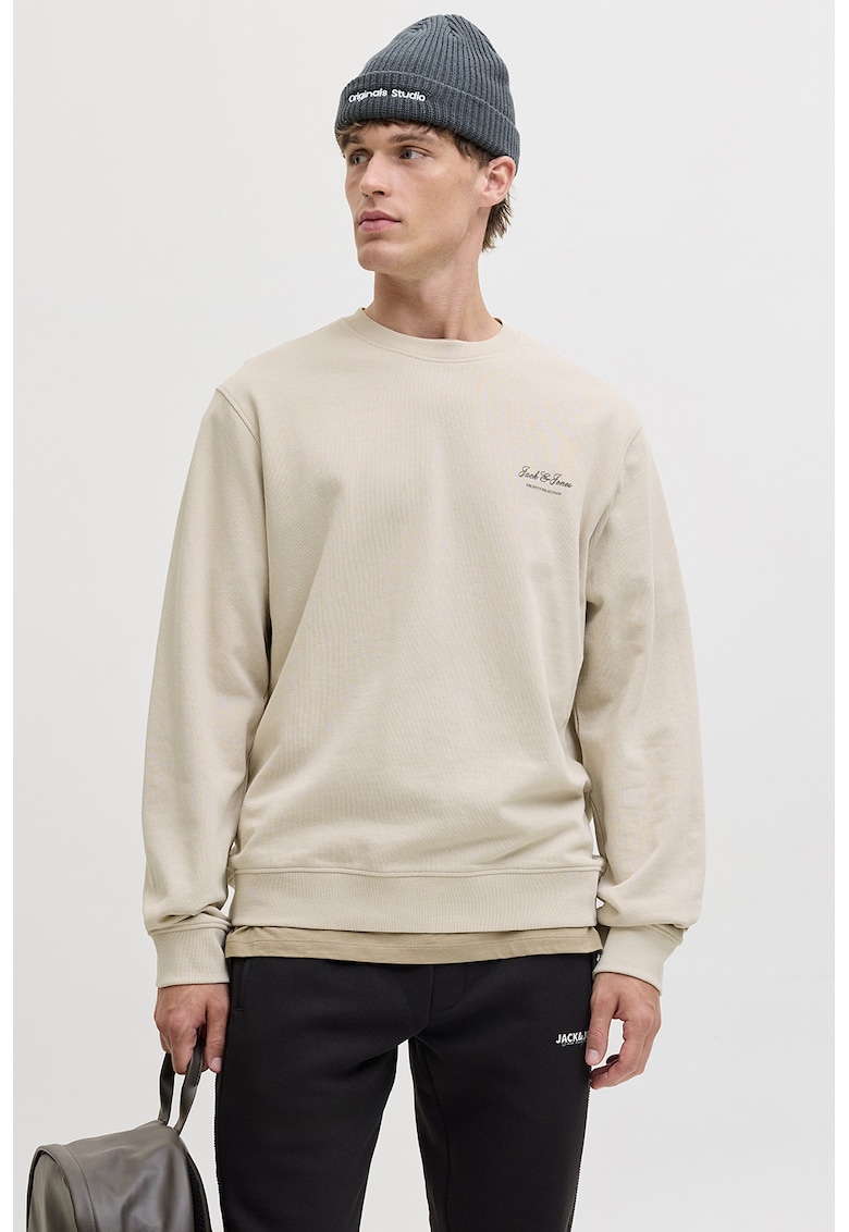 Bluza de trening din amestec de bumbac cu decolteu la baza gatului - Bej deschis