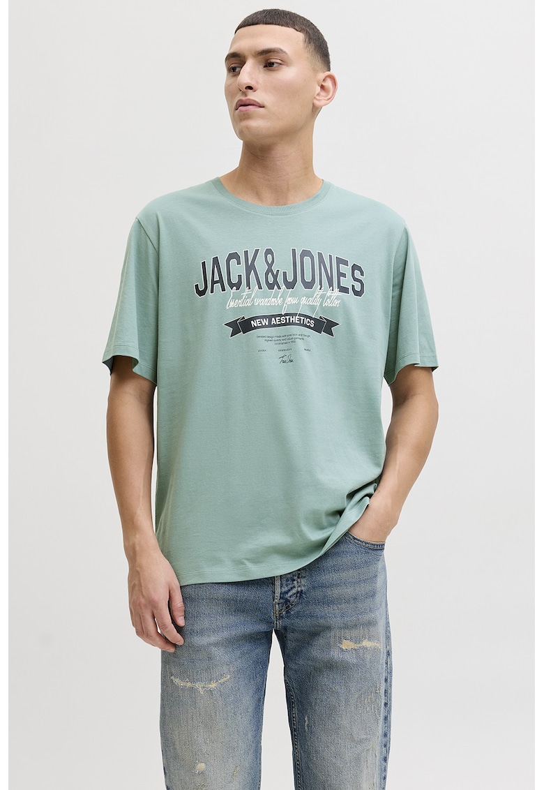 Tricou de bumbac organic cu imprimeu logo pe piept - Turcoaz