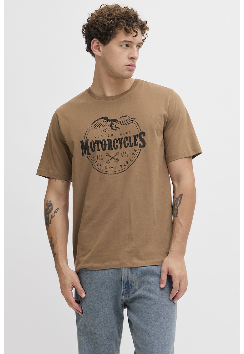 Tricou de bumbac cu imprimeu text - Maro camel