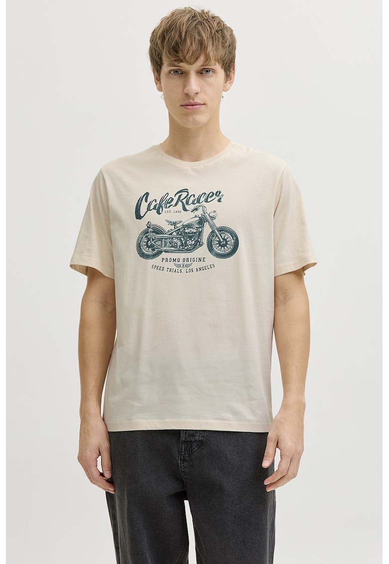 Tricou de bumbac cu imprimeu text - Crem