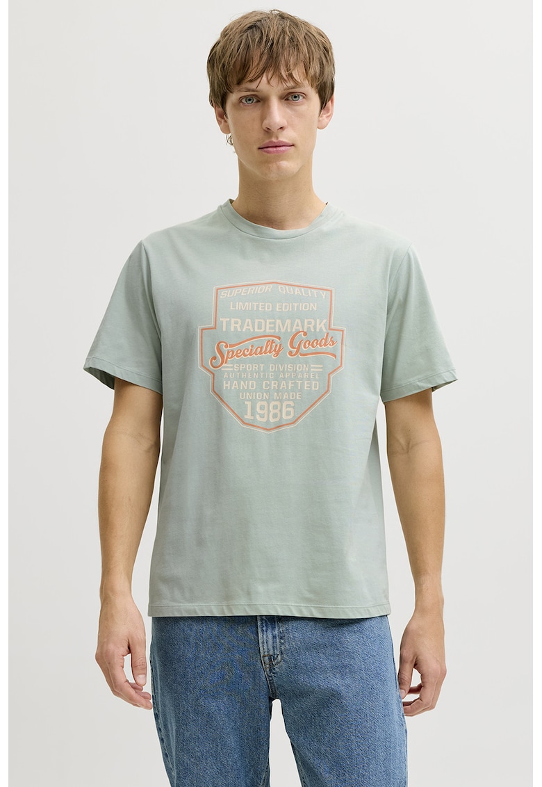 Tricou din amestec de bumbac cu imprimeu text - Albastru glaciar