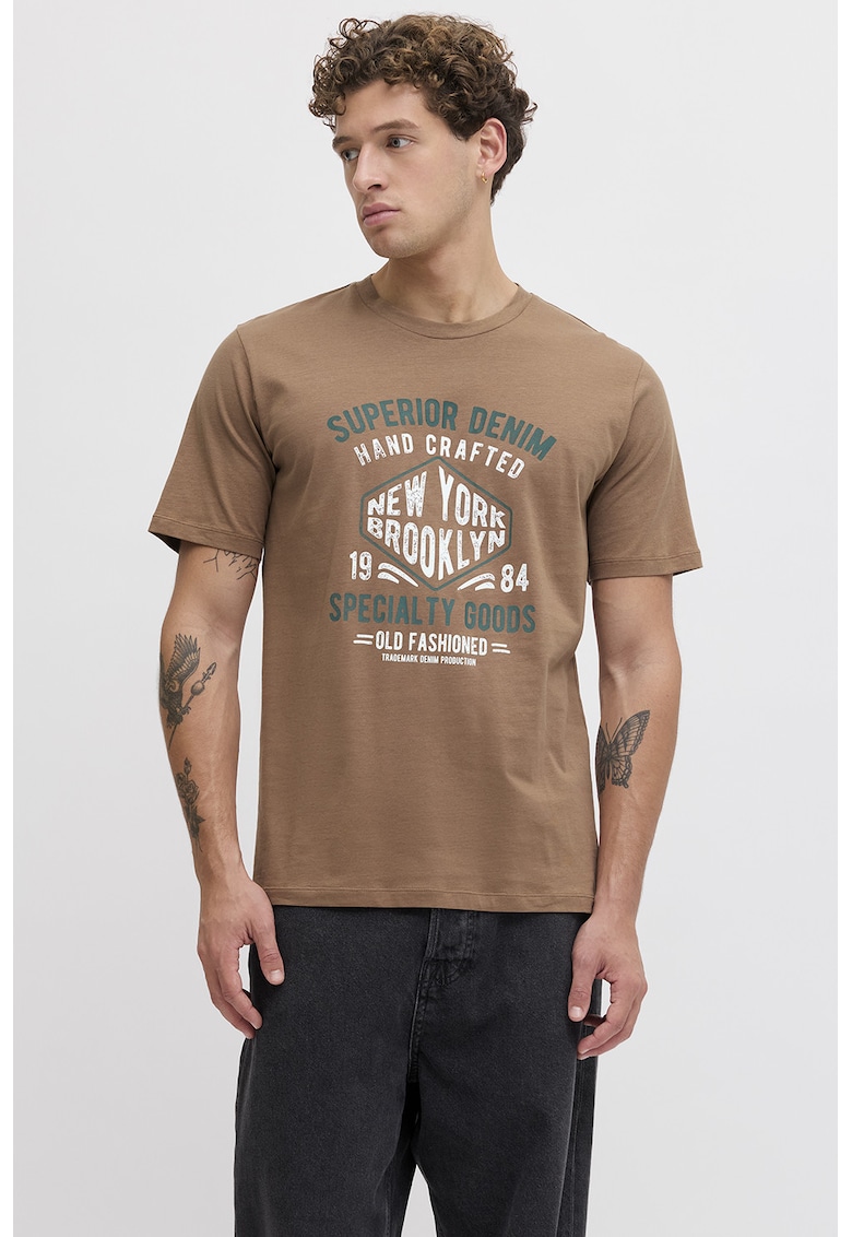 Tricou din amestec de bumbac cu imprimeu text - Maro camel