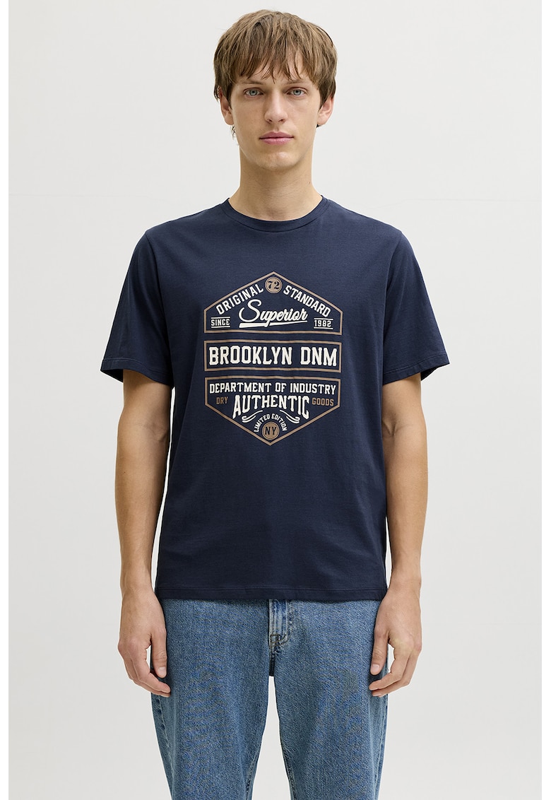 Tricou din amestec de bumbac cu imprimeu text - Bleumarin