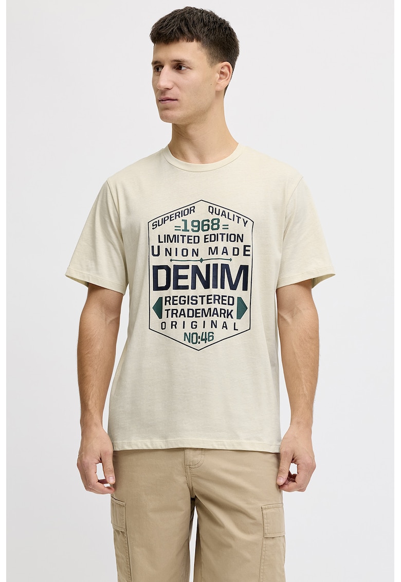 Tricou din amestec de bumbac cu imprimeu text - Crem