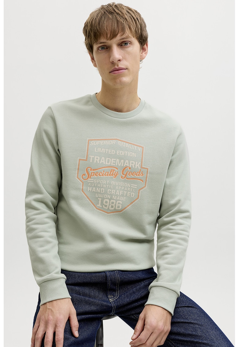 Bluza de trening din amestec de bumbac cu imprimeu text - Albastru glaciar