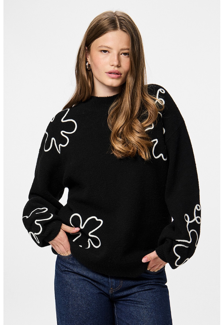Pulover lejer cu broderii florale - Negru