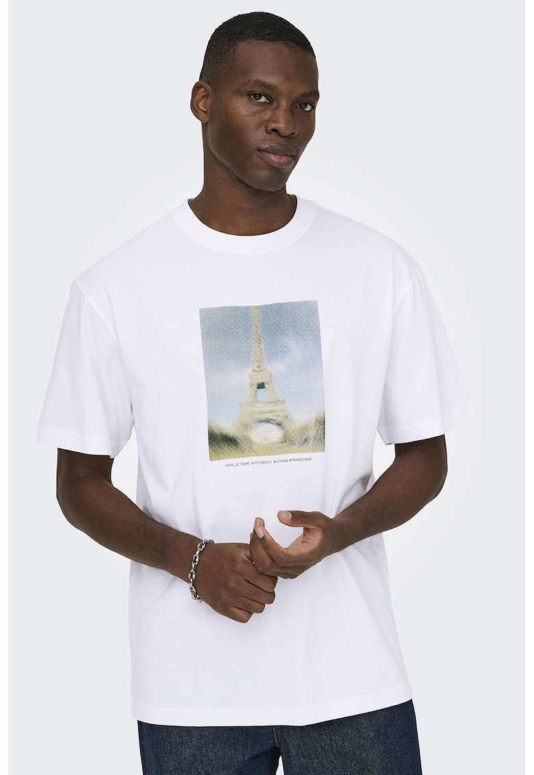 Tricou relaxed fit de bumbac organic cu imprimeu - Albastru prafuit/Alb optic