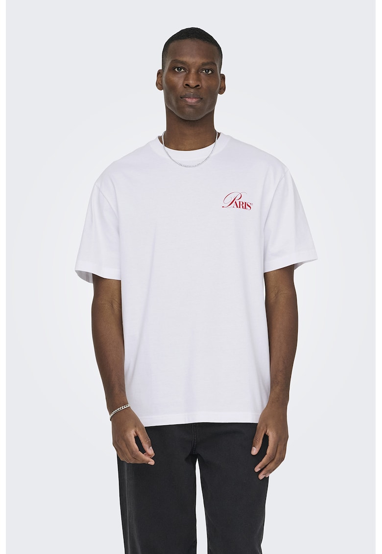 Tricou de bumbac organic cu imprimeu grafic si text - Rosu/Alb