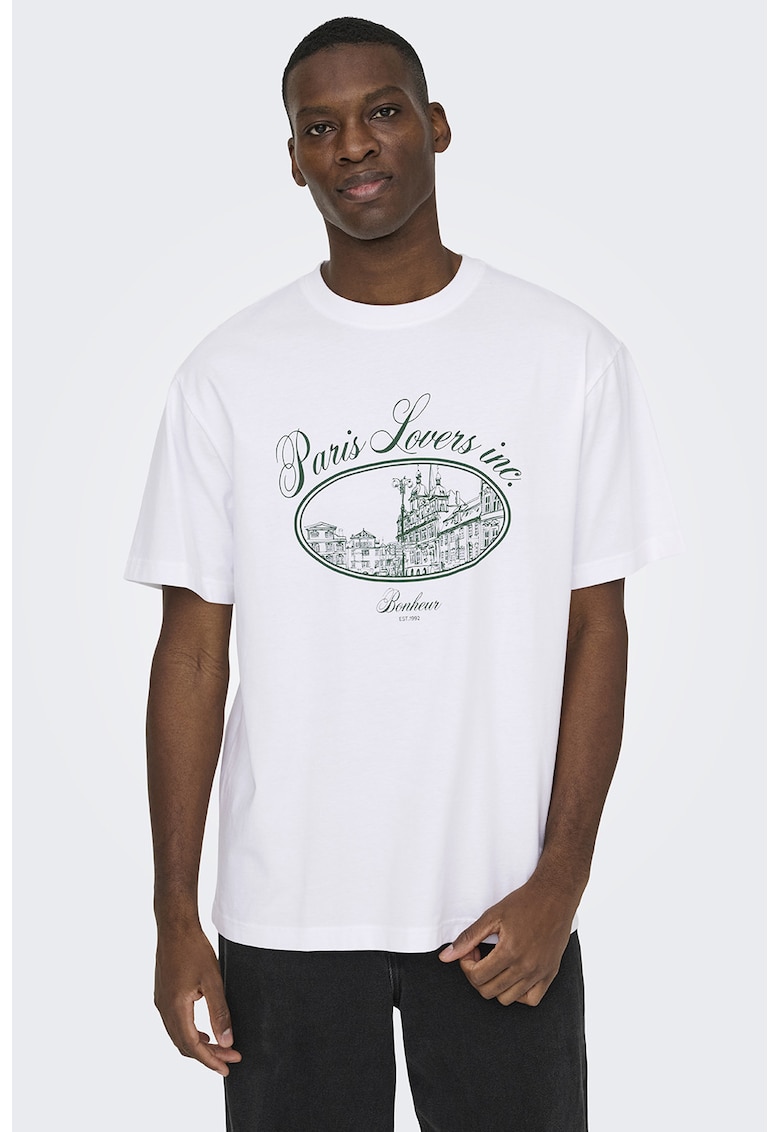 Tricou de bumbac organic cu imprimeu grafic si text - Verde/Alb optic