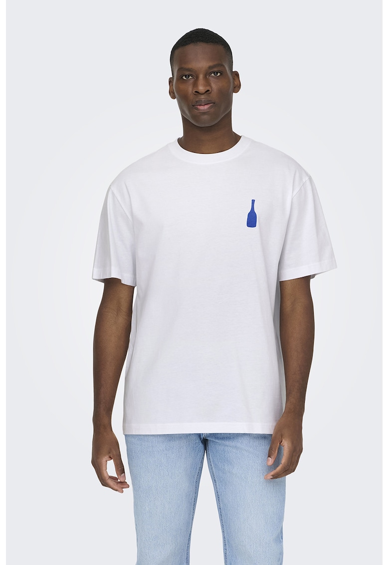 Tricou de bumbac organic cu imprimeu grafic si text - Alb/Albastru