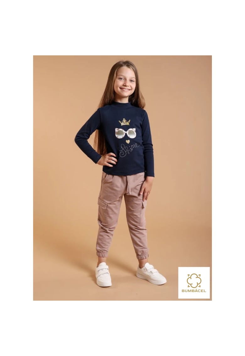 Pantaloni lungi pentru fetite - cu bata elastica cu snur si buzunare laterale - din bumbac - Maro