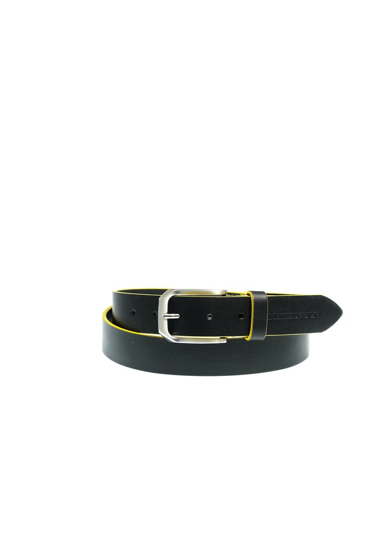 Curea din piele cu model uni si catarama metalica - Negru/Galben