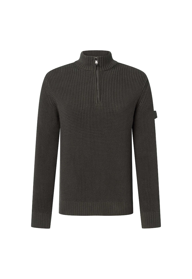 Pulover din bumbac cu fenta cu fermoar - Verde inchis