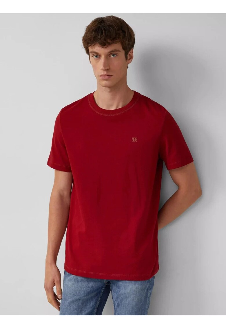 Tricou din jerseu gros - barbati - cu guler rotund si logo - Rosu inchis