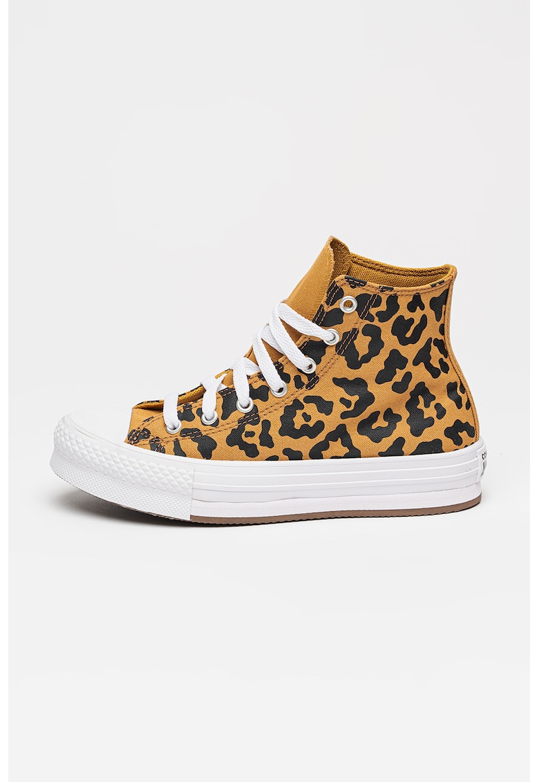 Tenisi mid-high din panza cu talpa flatform si model animal print Chuck Taylor All Star - Negru/Maro camel