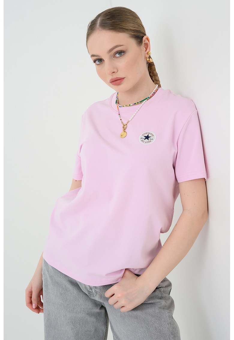 Tricou din amestec de bumbac cu aplicatie logo - Roz