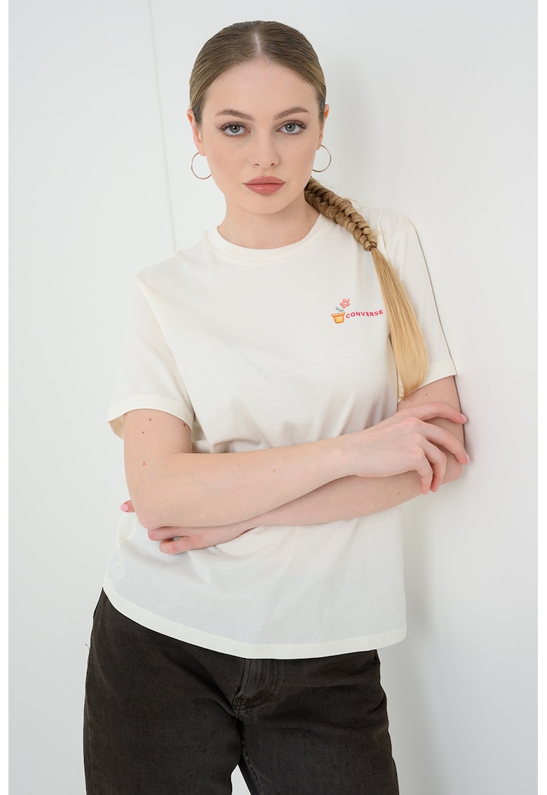 Tricou din amestec de modal cu imprimeu logo - Crem