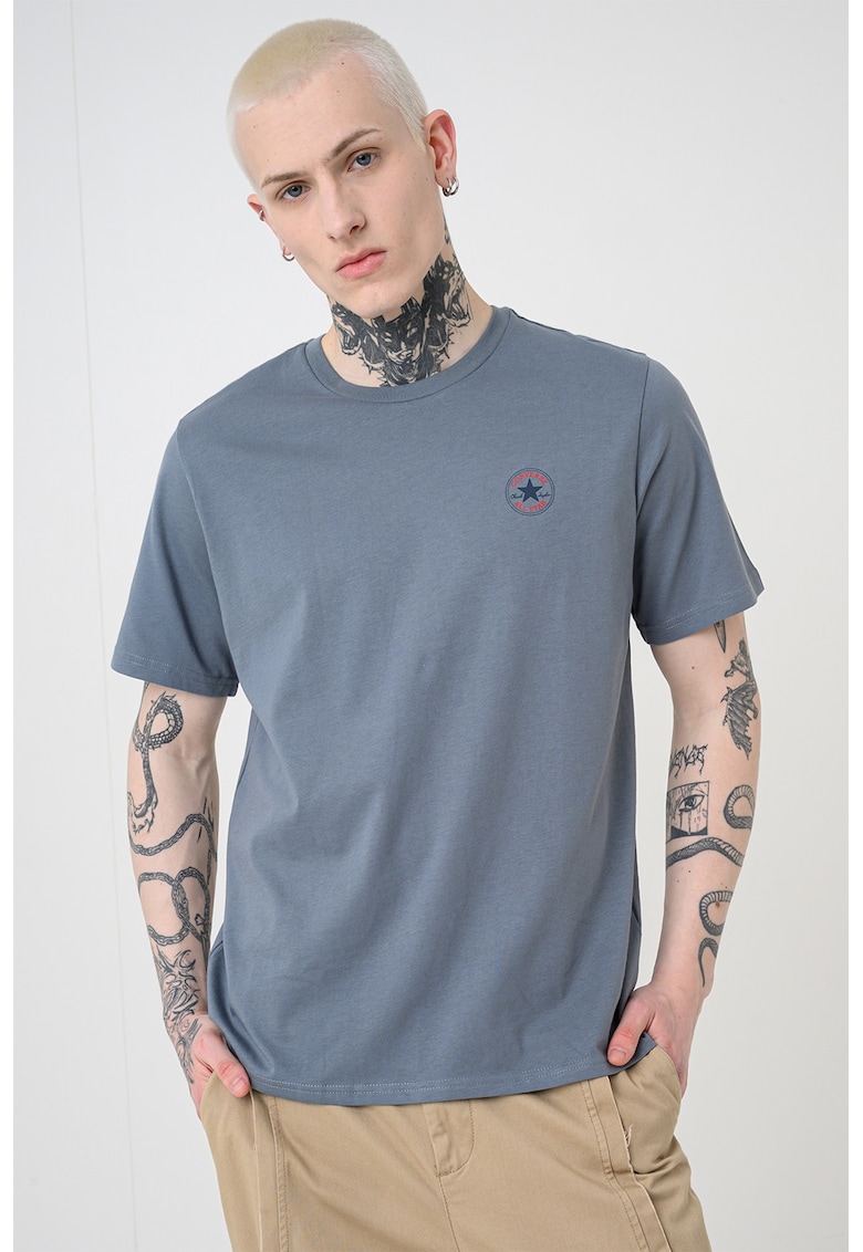 Tricou regular fit de bumbac cu logo discret - Albastru prafuit