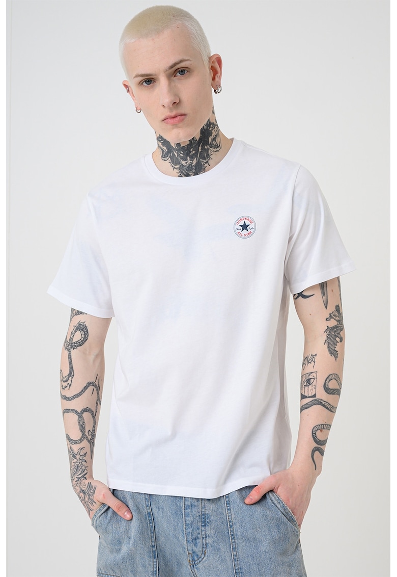 Tricou regular fit de bumbac cu logo discret - Alb optic/Bleumarin