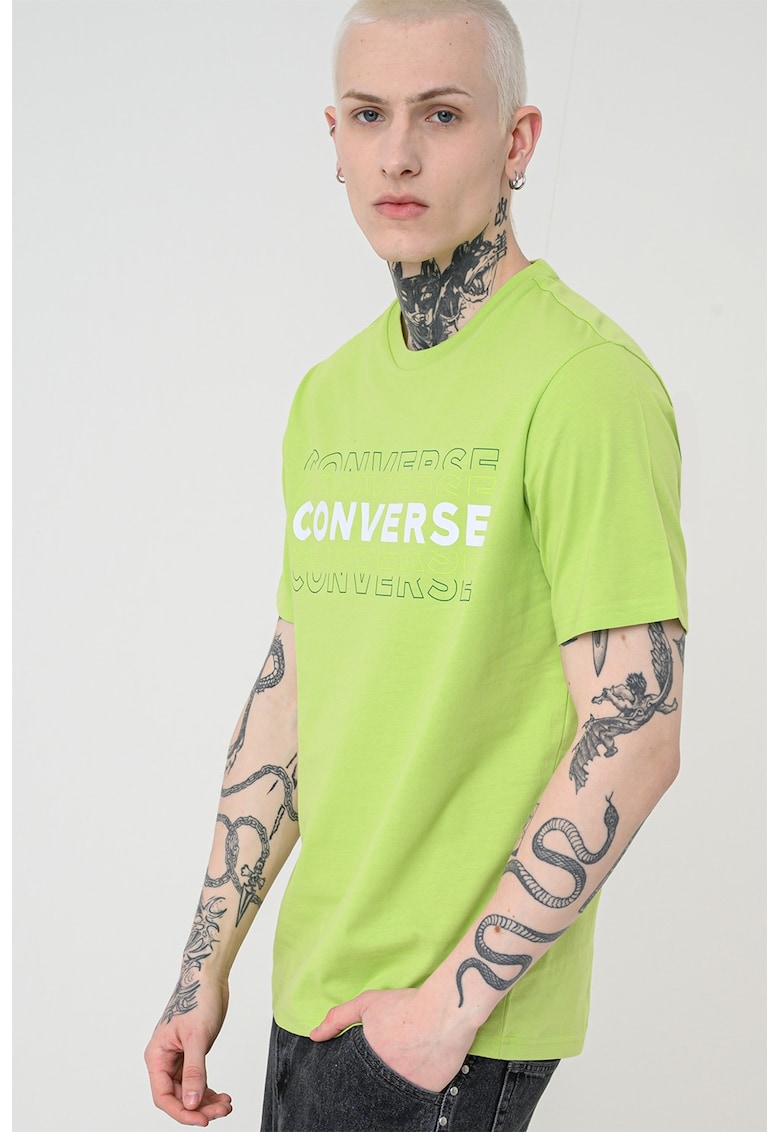 Tricou cu imprimeu text si decolteu la baza gatului - Alb/Verde lime