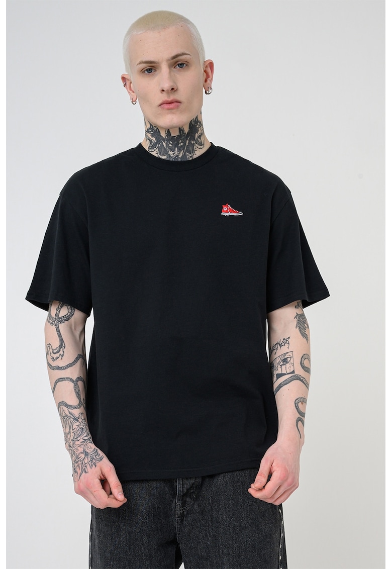 Tricou de bumbac cu detaliu brodat - Rosu/Negru