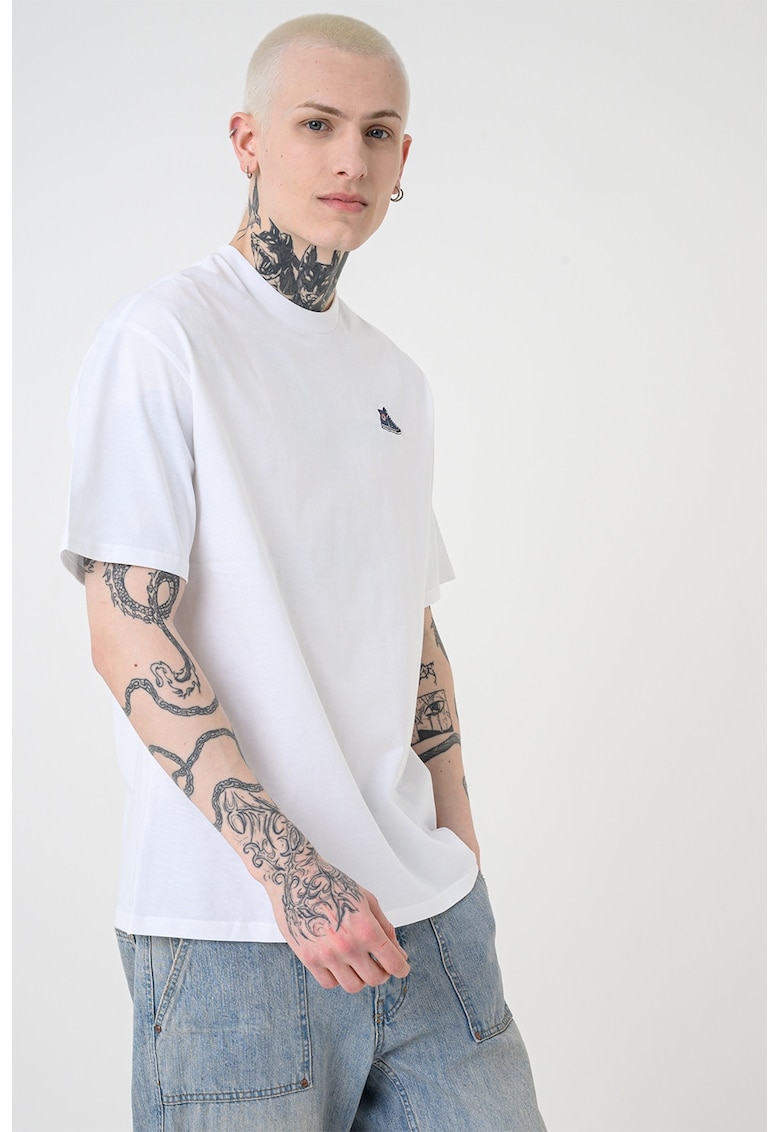Tricou de bumbac cu detaliu brodat - Albastru prafuit/Alb optic