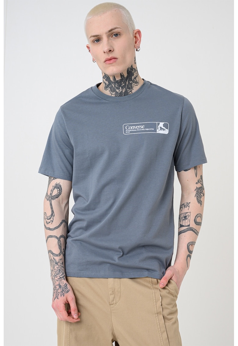Tricou cu imprimeu Retro Walk - Albastru prafuit/Alb murdar