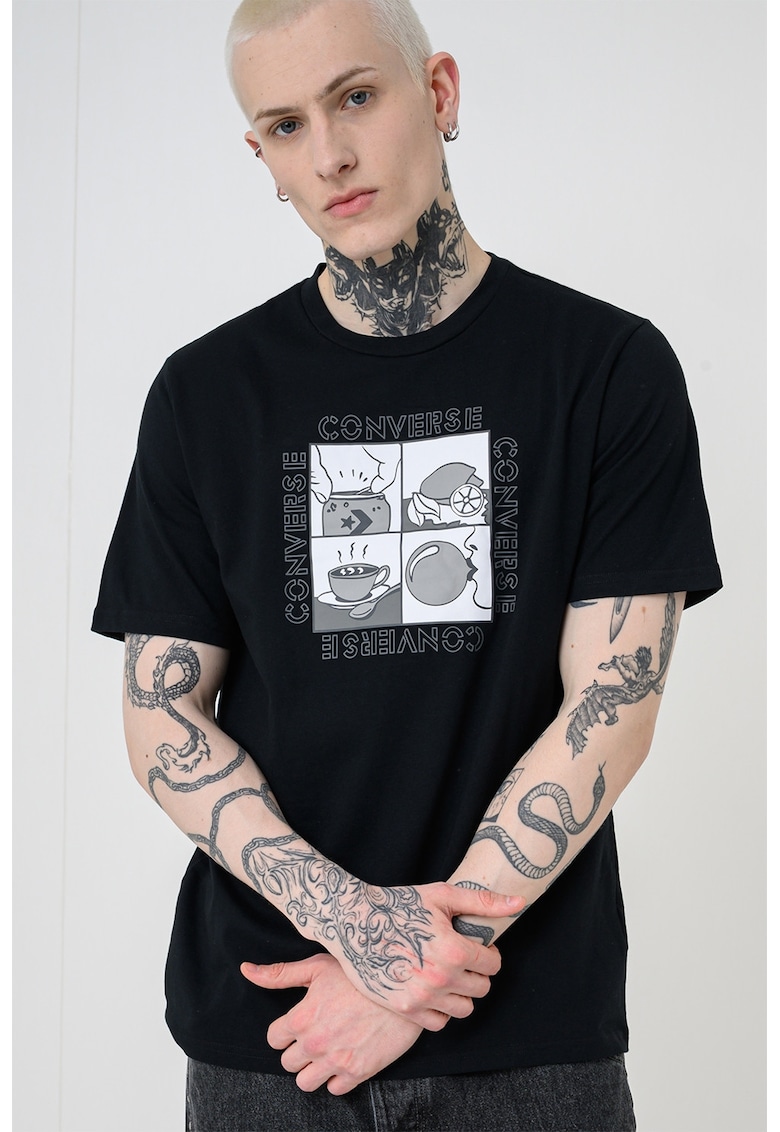 Tricou cu decolteu la baza gatului si imprimeu grafic - Negru/Gri