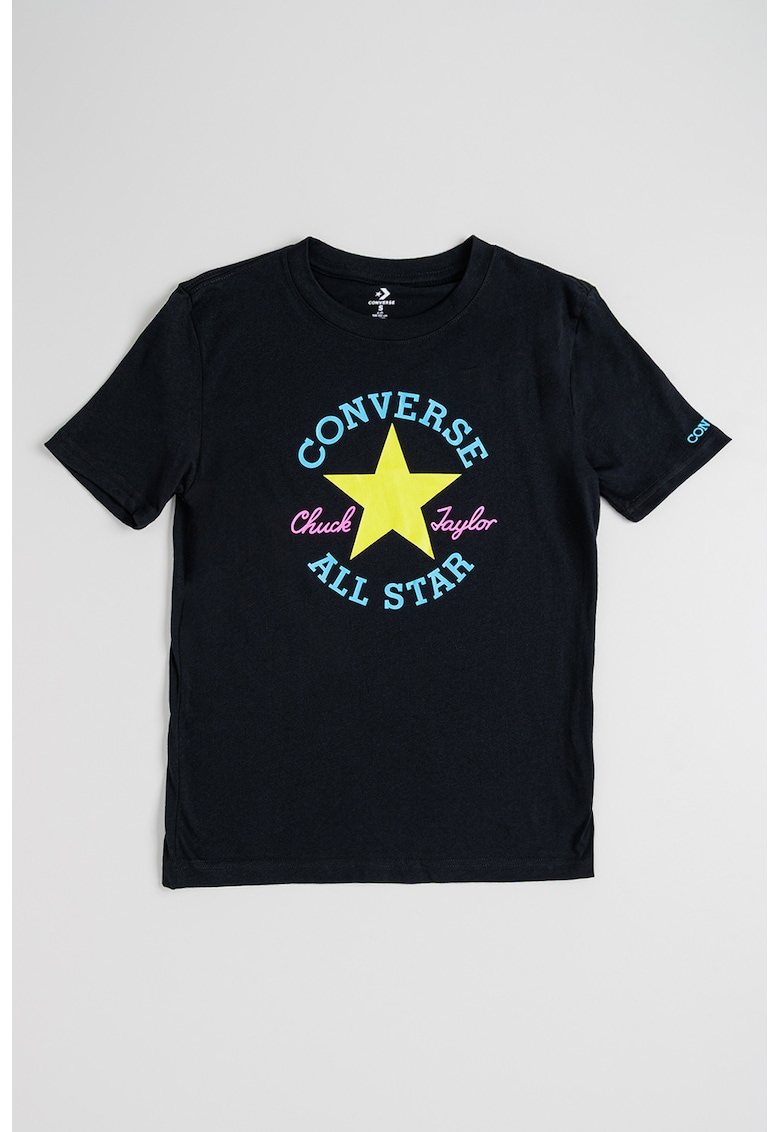 Tricou cu logo si decolteu la baza gatului - Negru