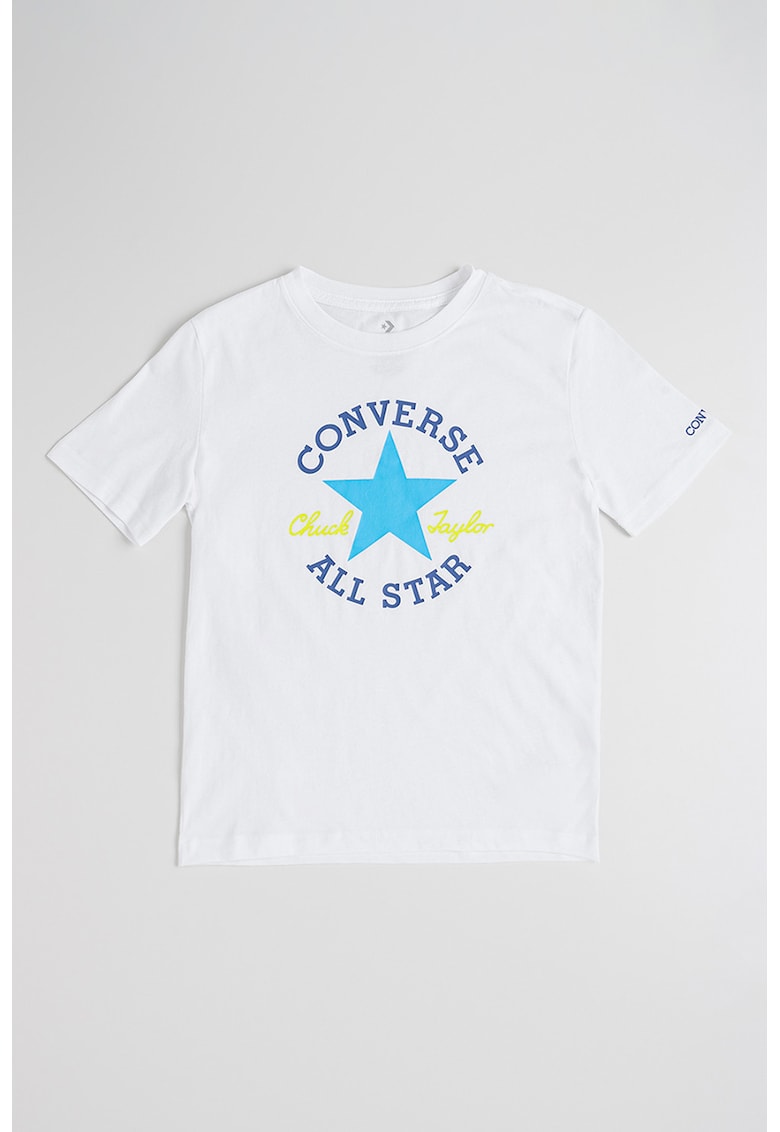 Tricou cu logo si decolteu la baza gatului - Alb/Albastru