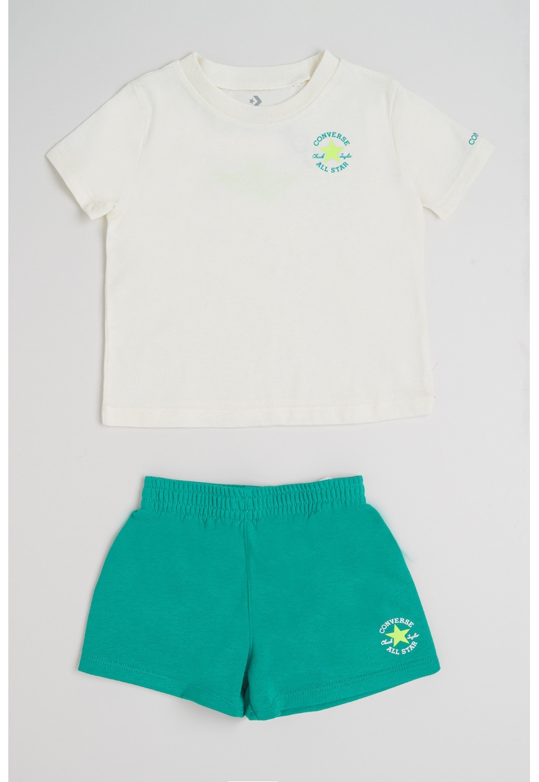 Set de tricou si pantaloni scurti cu imprimeu logo - 2 piese - Verde/Crem