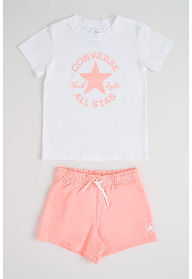 Set de tricou cu logo si pantaloni scurti - 2 piese - Alb/Roz