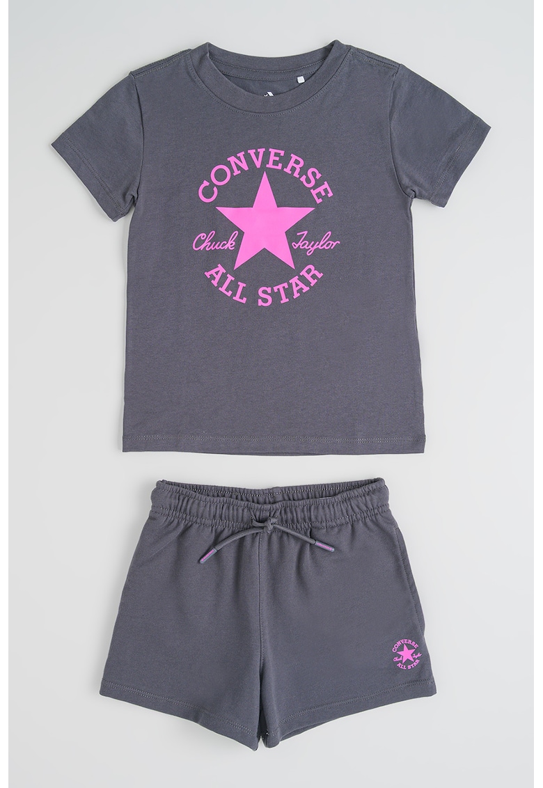 Set de tricou cu logo si pantaloni scurti - 2 piese - Roz/Gri inchis