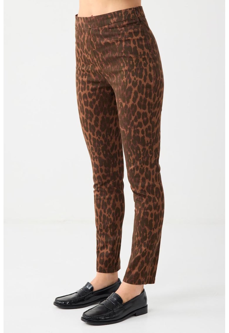 Pantaloni slim fit din amestec de lyocell cu model animal print si talie inalta - Maro inchis