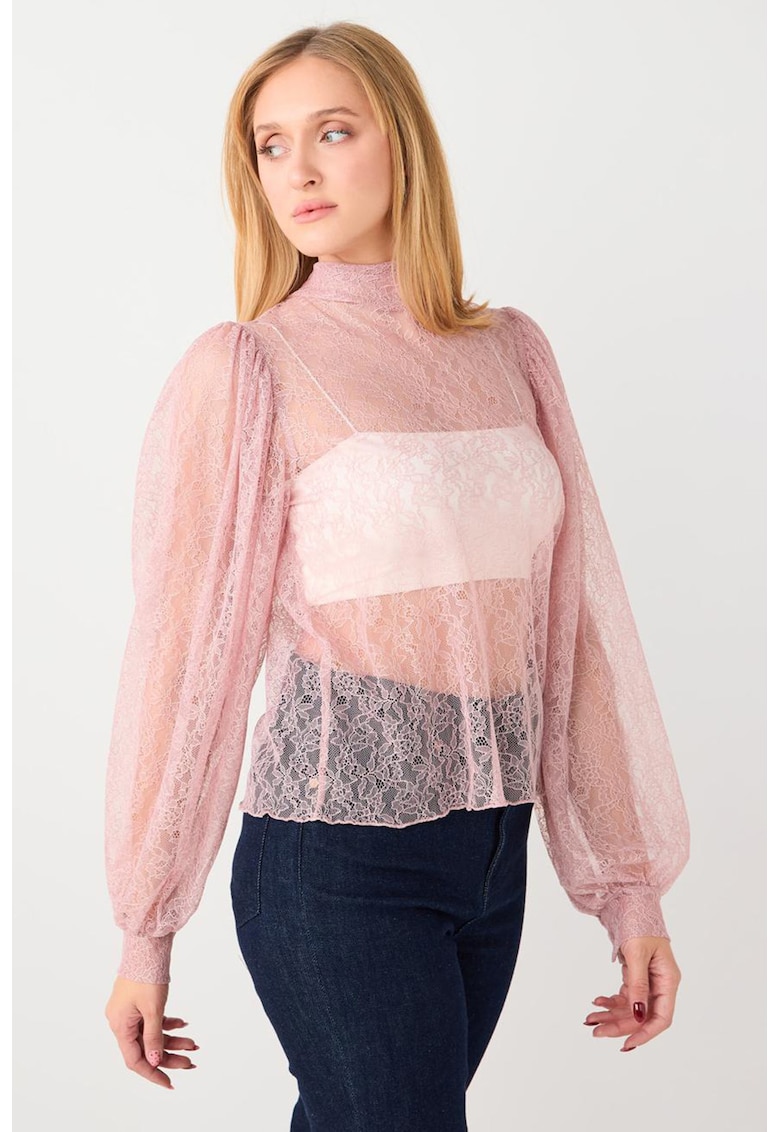 Bluza din dantela cu maneci bufante - Roz pastel
